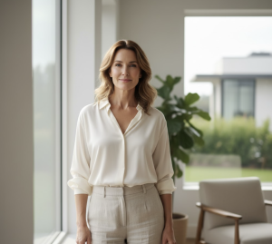 Female standing in a house wearing all cream coloured clothing. She is healthy and in her 60's