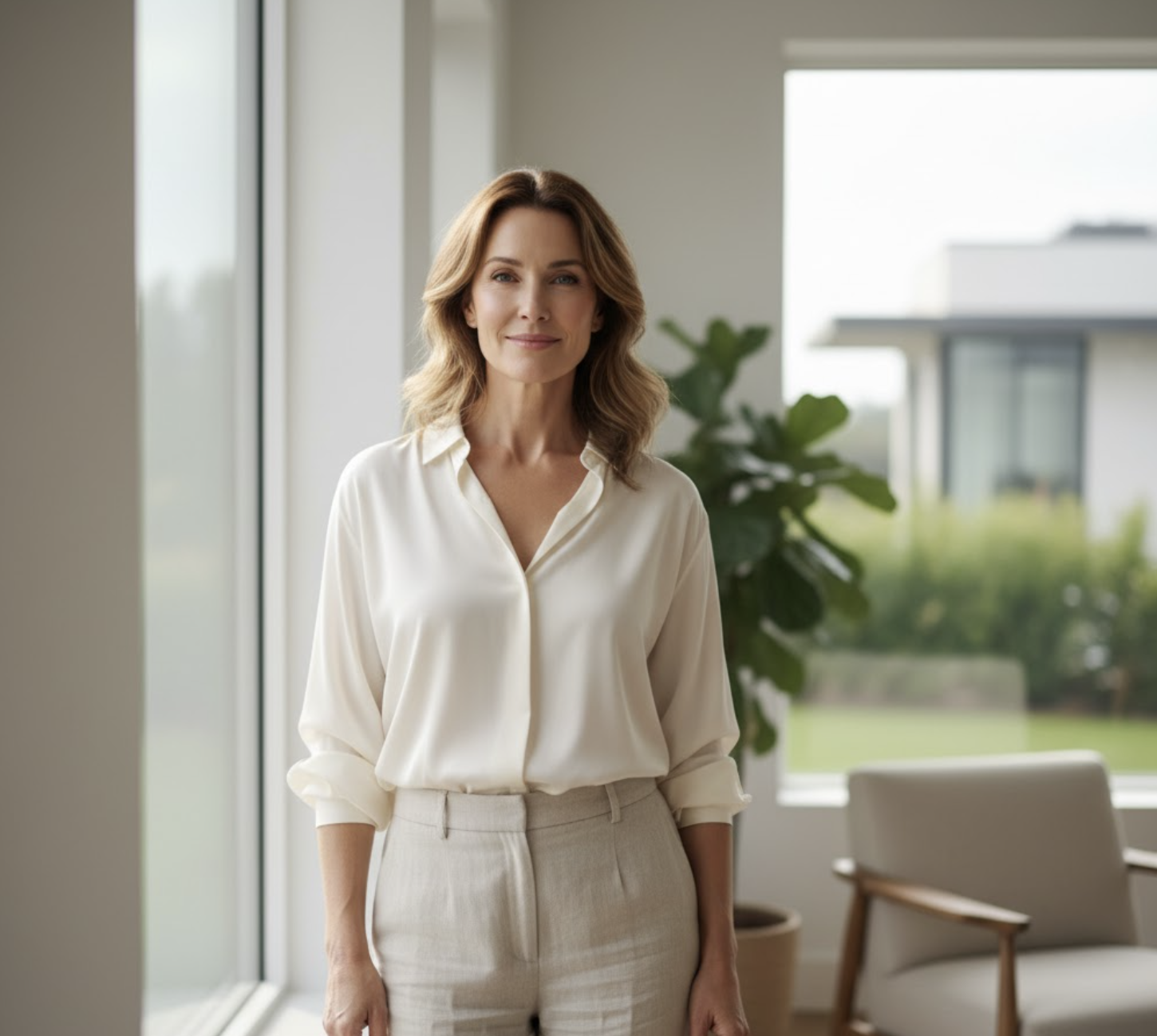 Female standing in a house wearing all cream coloured clothing. She is healthy and in her 60's